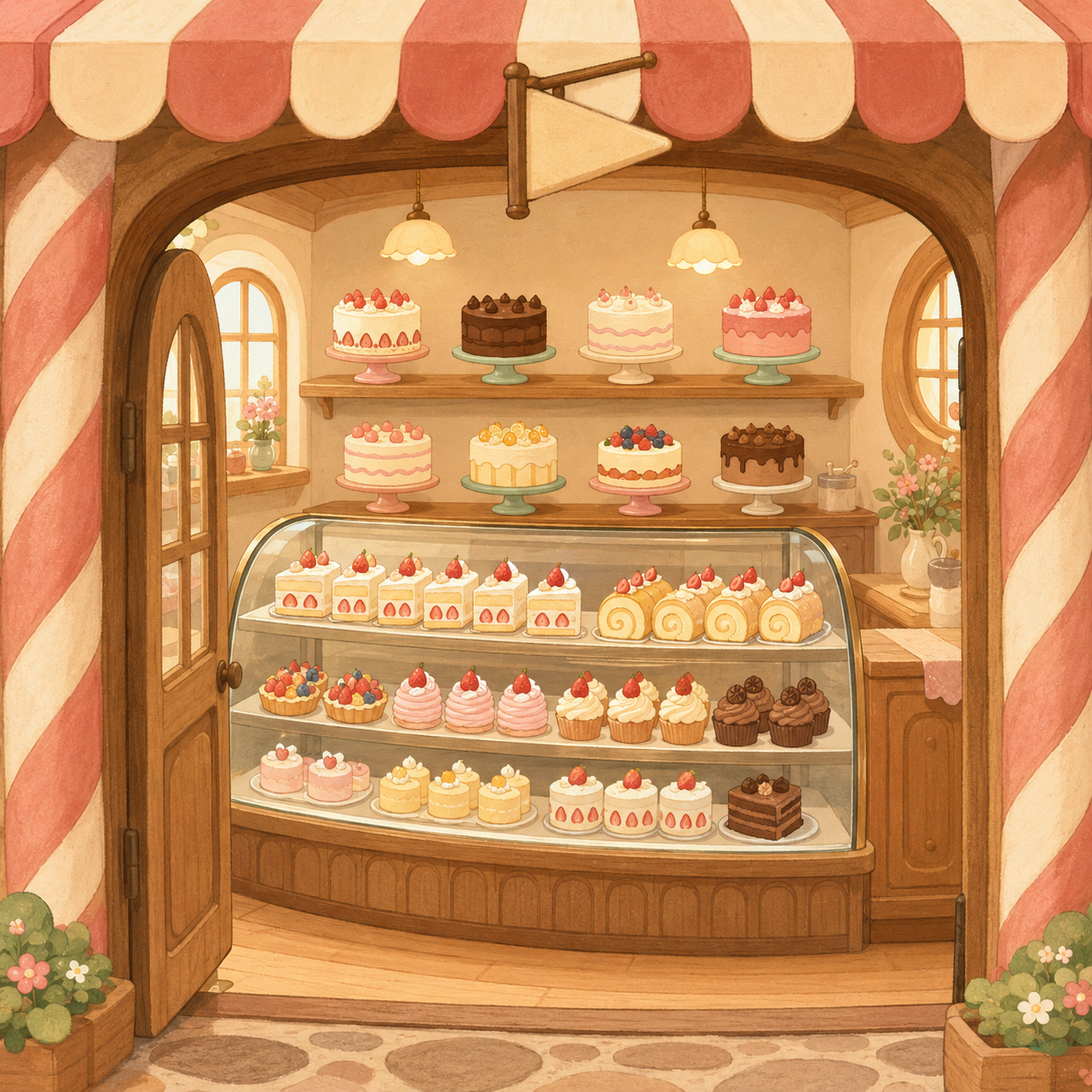 たくさんの種類のケーキが並ぶお菓子屋さんのイラスト